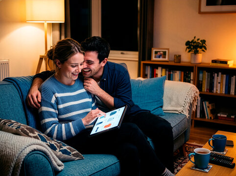 A happy couple enjoys a cozy evening at home, browsing on a tablet while sitting on the couch. They are both smiling and seem to be sharing a lighthearted moment.