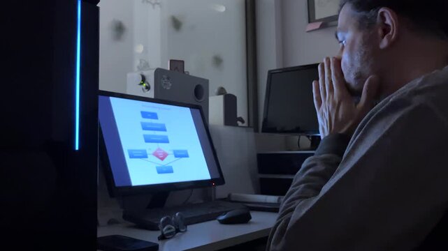 Mature programmer analyzing a problem by looking at a flowchart on a computer screen in a dark office, showing frustration and seeking for a creative solution at night