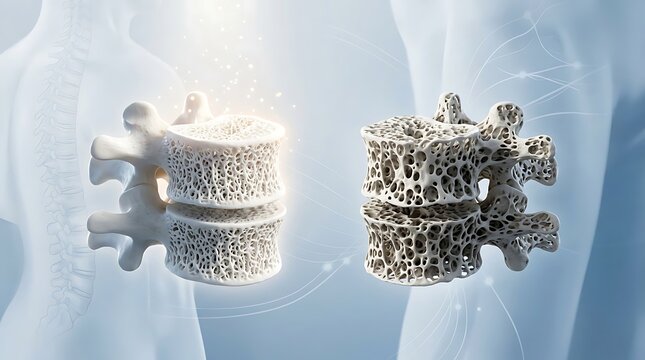 Human spine vertebrae showing healthy bone and osteoporosis