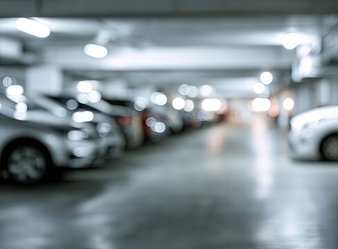 Blurred, illuminated indoor vehicle storage facility with row of parked cars