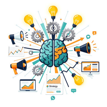 Brain with lightbulbs and business graphs.