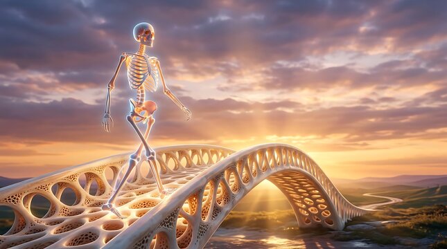 Human skeleton walking on porous bone bridge representing osteoporosis