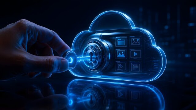 Hand unlocking a secure glowing blue cloud storage database with a digital key for data privacy and cyber security concept.
