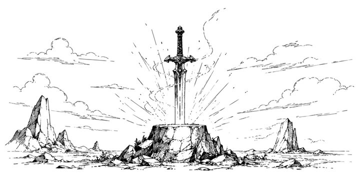 Bold black and white drawing of a large sword embedded in a stone pedestal, surrounded by rugged rocks beneath an open sky.