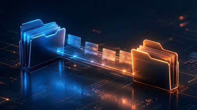 Glowing digital folders transferring document files representing data migration and high speed network information sharing concept.