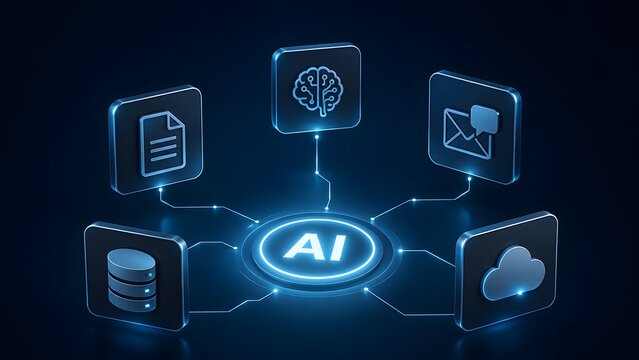 Artificial intelligence central hub connecting to digital brain document database and communication icons in dark cyberspace.