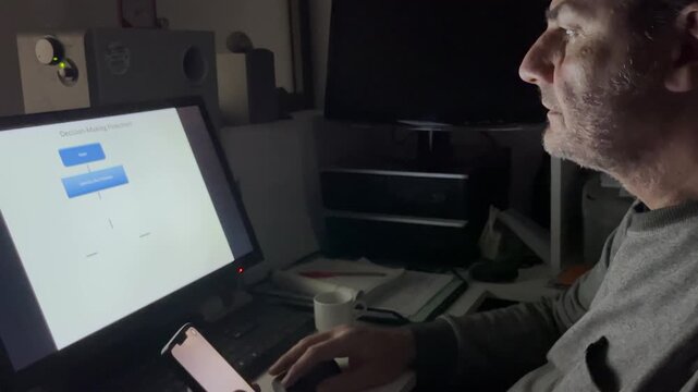 Profile view of a mature adult man focused on his work, sitting at a desk in a dimly lit home office, working late into the night.
