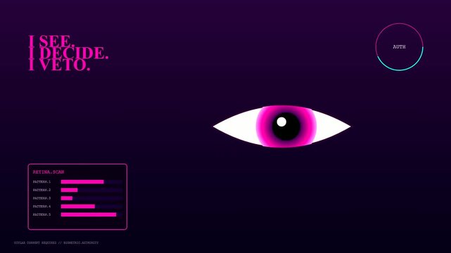 A human veto sequence rendered in glowing pink digital graphics showing a stylized eye icon with scanning bars and circular loading progress rings in interface