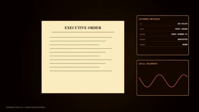 a human veto appears on multiple digital displays within a dark interface showing formal document files and pulsing line charts in a minimalist graphic style