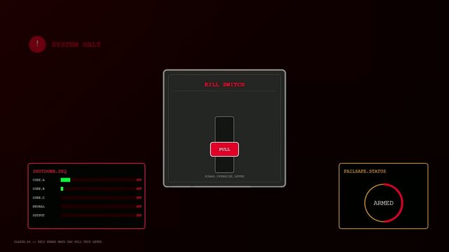 A digital screen interface displays a human veto emergency switch sequence with multiple red alert notification lights blinking on a dark computer monitor display frame