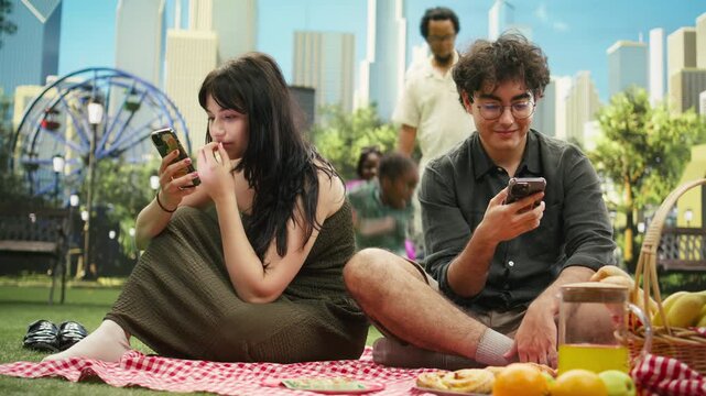 Disconnected couple scrolls through social media during picnic date, showing digital distraction, silence and disengagement between them.