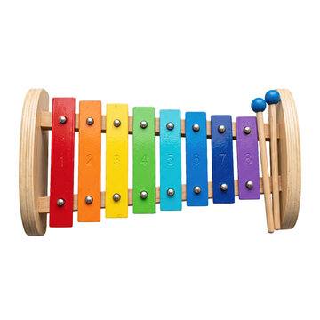 Colorful wooden xylophone with numbered keys and mallets isolated on white