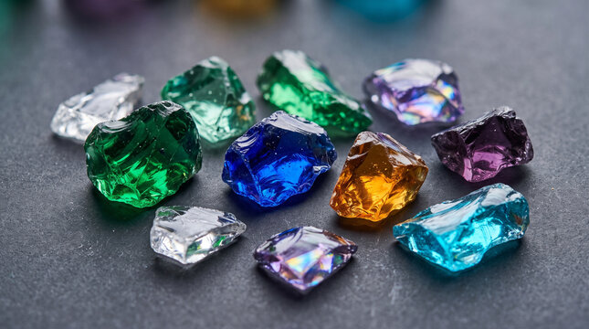 Arrangement of translucent multi-colored glass shards and jagged crystal fragments including green, blue, amber, and purple pieces on a dark gray textured surface with selective focus.