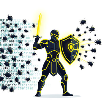 Knight fighting computer virus bugs.