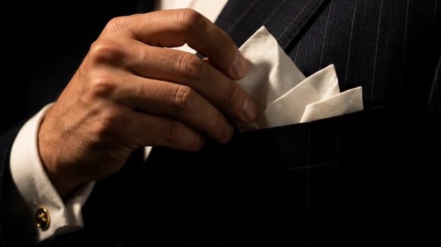 Man Tucking White Pocket Square into Breast Pocket of Navy Pinstripe Suit with Gold Cufflink