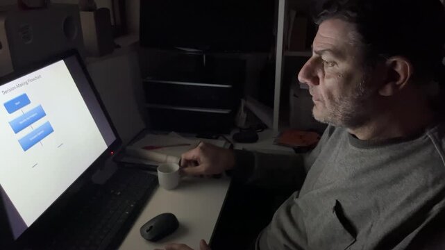 Mature programmer analyzing a problem on a flowchart, working at his desk in a dimly lit office with his face illuminated by the bright computer screen