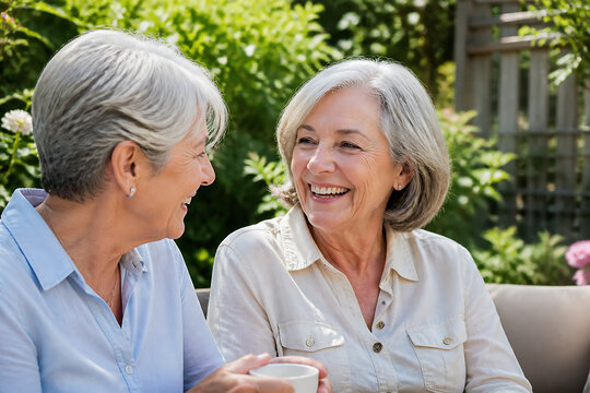 Two smiling older women are having a conversation outdoors in a lush, green garden setting.