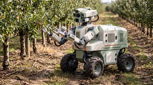 Autonomous agricultural robot inspecting apple fruit quality with robotic arms inside orchard