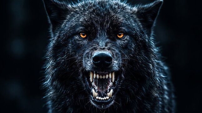 Aggressive Black Wolf Snarling with Sharp Fangs and Amber Eyes Close Up Portrait