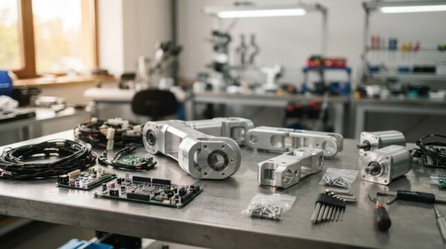 Modular robot parts, motor housings, circuit boards, wiring looms, and hex keys on a metal workbench for robotics manufacturing and engineering