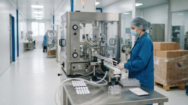 Pharmaceutical reshoring with blister packs, glass vials, stainless tubing, palletized cartons, and filling machine in a sterile manufacturing corridor