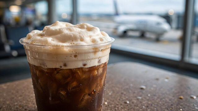 Cold Brew Coffee at the Airport: A refreshing cold brew coffee topped with a rich cream foam sits on a table near a large window overlooking an airplane at the airport.