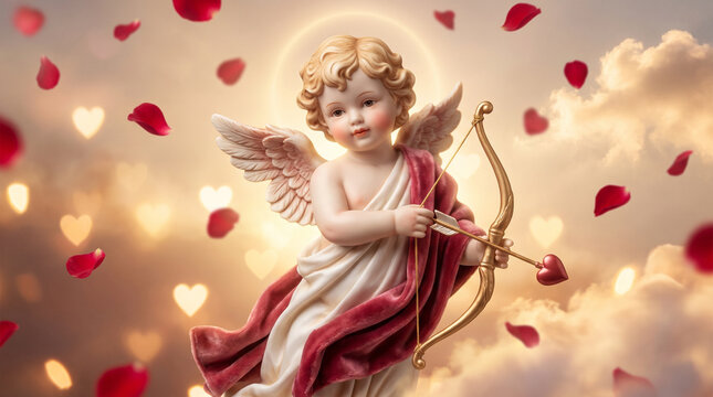 Cupid cherub holding bow and arrow among red rose petals