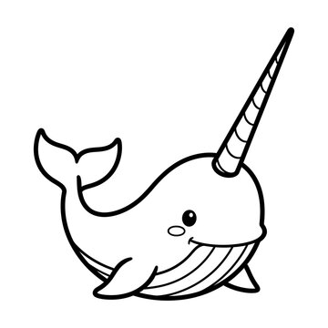 Cute Narwhal Outline Illustration for Kids Coloring Book Sea Creatures Line Art Vector Page Design Isolated on White Background
