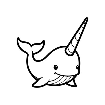 Cute Narwhal Outline Vector Illustration for Kids Coloring Book Sea Creatures Page, Underwater Animal Line Art Drawing for Printable Activity