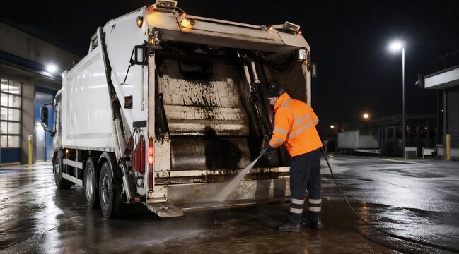 Worker pressure washes garbage truck at night