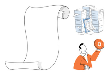 Fototapeta premium Blank paper scroll, stack of documents and businessman holding bitcoin vector illustration. Business, finance, cryptocurrency, administration, documentation, investment. Empty parchment, paperwork
