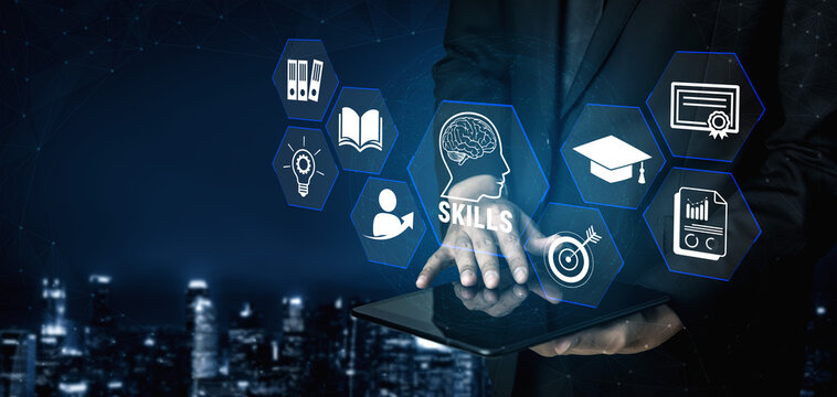 Businessman in Suit Using Tablet with Icons Representing Skills, Education, Knowledge and Goals in Cityscape Background. Glyphic.