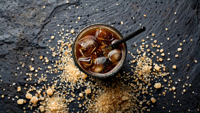 Iced Coffee on Dark Slate: A refreshing iced coffee, complete with ice cubes and a straw, rests on a dark, textured slate surface, surrounded by scattered brown sugar crystals.