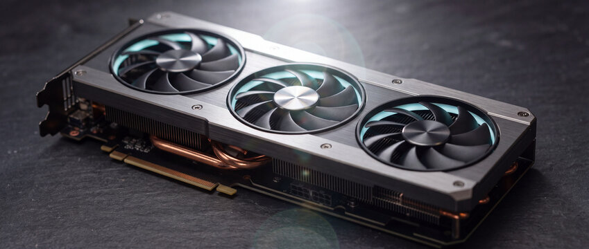 Graphics card with triple cooling fans and brushed metal shroud on dark slate background with lens flare, featuring copper heat pipes and aluminum heatsink for pc gaming hardware