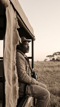 African safari guide sitting in an open vehicle looking across the savanna during a wildlife game drive