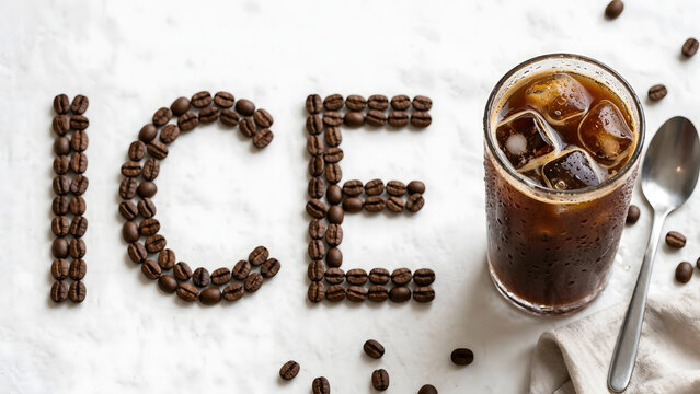 Iced Coffee Creation: The word ICE artfully formed from roasted coffee beans, stands beside a refreshing glass of iced coffee, complete with ice cubes and a spoon.
