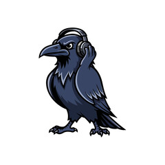 Fototapeta premium Cool raven mascot wearing headphones vector illustration isolated on white background, black crow DJ logo for gaming podcast or esports team