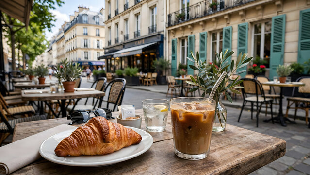 Parisian Morning Delight: A flaky croissant and iced coffee await on a rustic wooden table at an outdoor cafe, with charming Parisian architecture and cobblestone street in the background.
