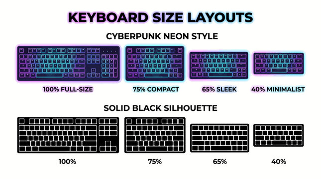 Mechanical computer keyboard form factors and size comparison vector infographic featuring full size compact tenkeyless and mini layouts