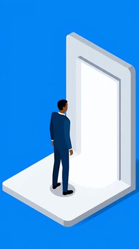 Isometric businessman in suit approaches glowing doorway, new opportunity, future, career path