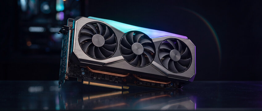 Graphics card with triple cooling fans, brushed metal shroud, and glowing rgb lighting on a dark reflective surface for high-performance gaming pc builds and hardware upgrades
