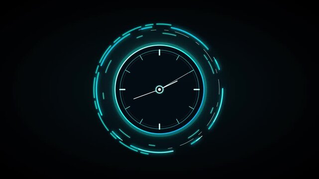 Glowing digital clock face with rotating neon blue circle elements in this motion graphic animation clip