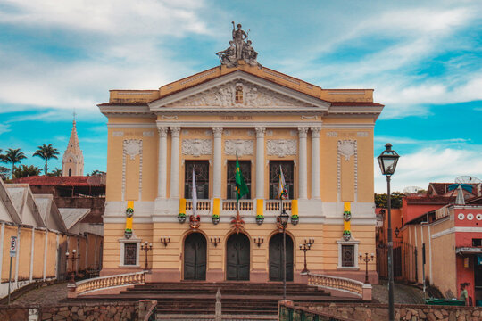 Neoclassical facade of the historic Municipal Theater under blue sky in Sao Joao del Rei Minas Gerais Brazil