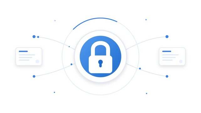 Digital security padlock icon animation representing protected data connectivity in a clean minimalist blue motion footage