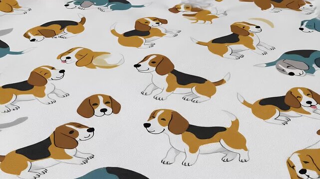 Charming beagle dog pattern animation, playful cartoon style, white background, repeating motion graphic