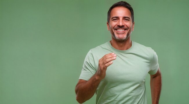 Smiling Middle-Aged Man in Light Green T-shirt Gesturing with Hand Against a Solid Mint Green Background