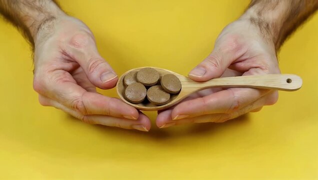 Golden biotin dietary tablets spinning in a rustic wooden spoon against a bright yellow backdrop representing hair health beauty vitamins and daily wellness habits