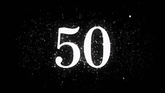 Elegant cinematic countdown timer shows number 50 with sparkling particles and bokeh on black background, ideal for event openers