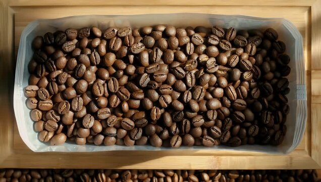 Roasted brown coffee beans illuminated by a warm sunbeam sweeping across the frame highlighting rich surface textures and gourmet coffee bean quality