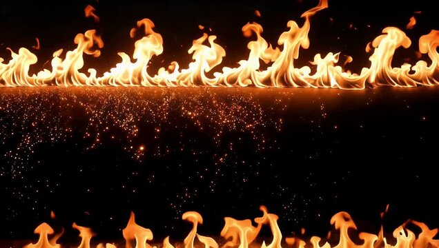 A wall of blazing fire rising across the lower frame against a dark background highlighting intense heat fluid flame dynamics and dramatic action elements